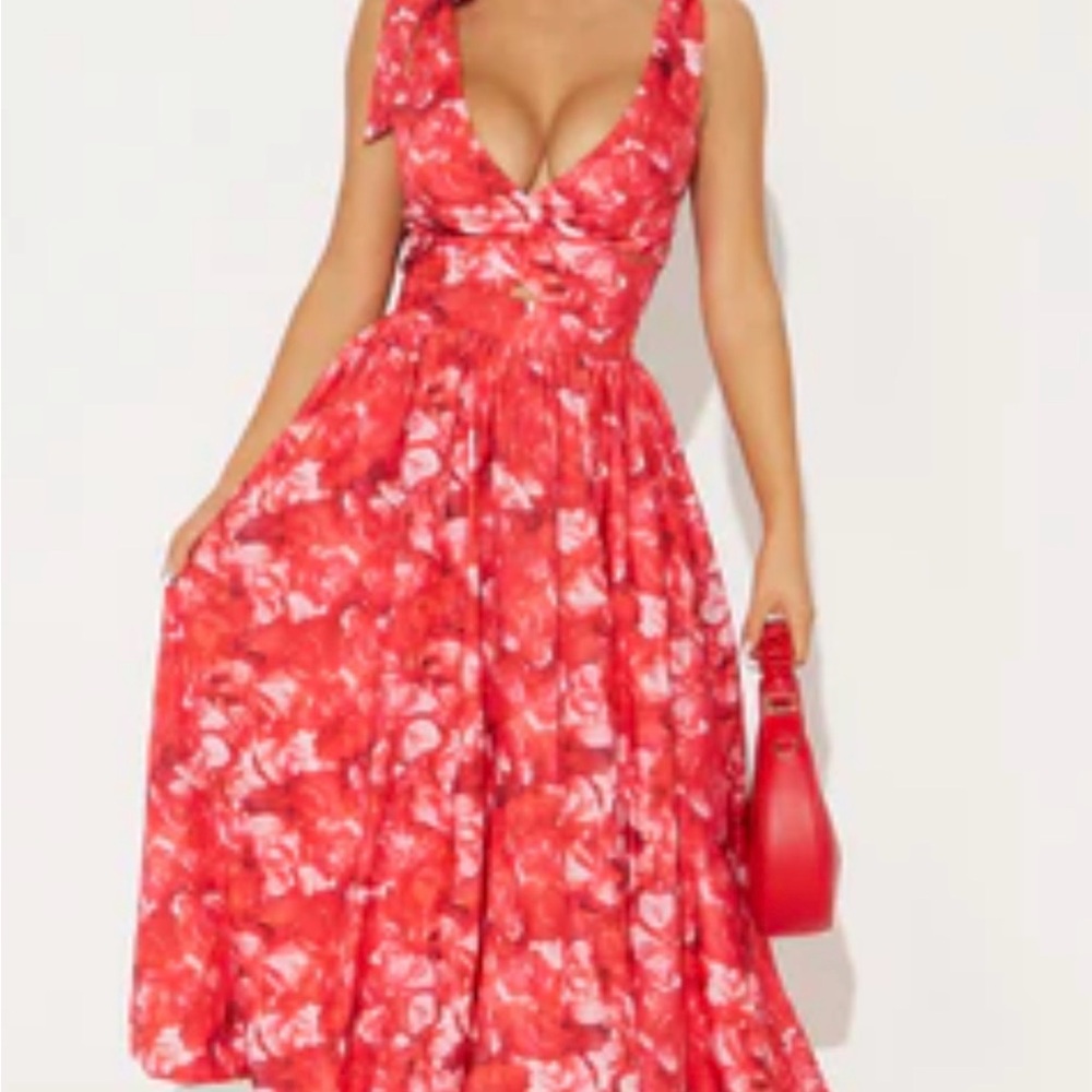 Fashion Nova Vibrant Red Floral Midi Dress